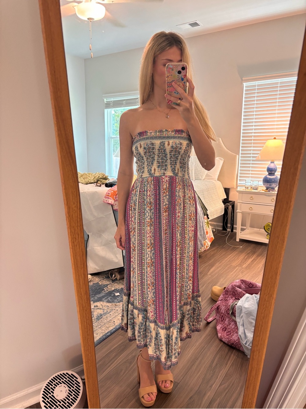 Strapless Boho Midi Dress in Multi Floral Stripe